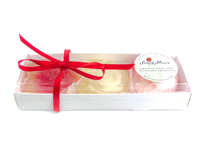Three Rose Shaped Valentine's Day Rose Heart Natural Bar Soap Box Set