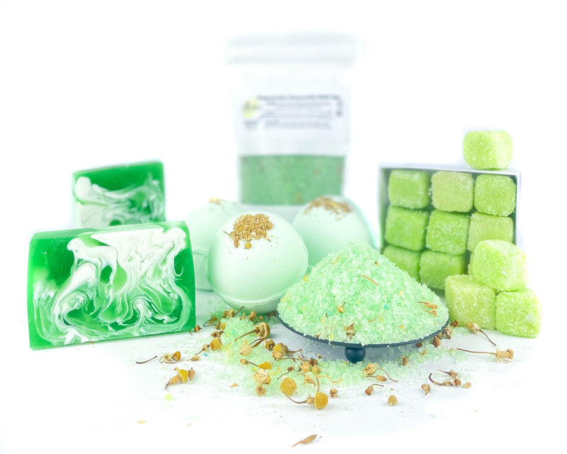 Green Tea Skincare Gift Box with Soap, Bath Salts, Bath Bombs, and Sugar Scrubs