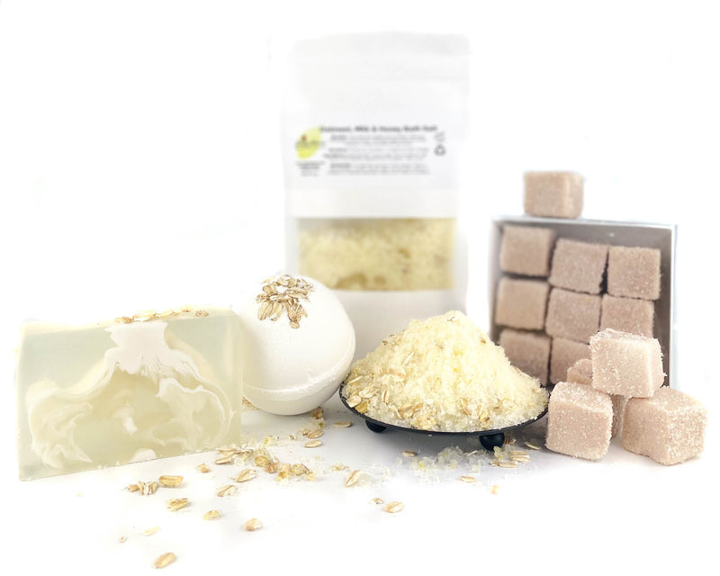 Oatmeal Milk and Honey Skincare Gift Box with Soap, Bath Salts, Bath Bombs, and Sugar Scrubs