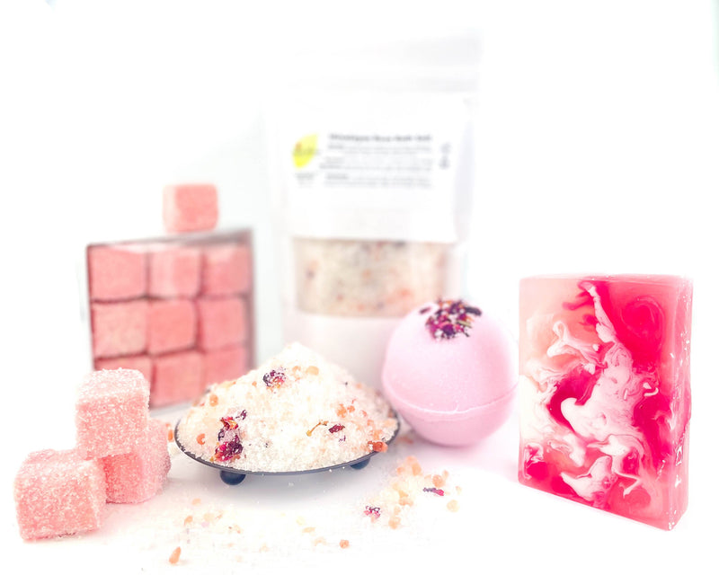 Rose Skincare Gift Box with Soap, Bath Salts, Bath Bombs, and Sugar Scrubs
