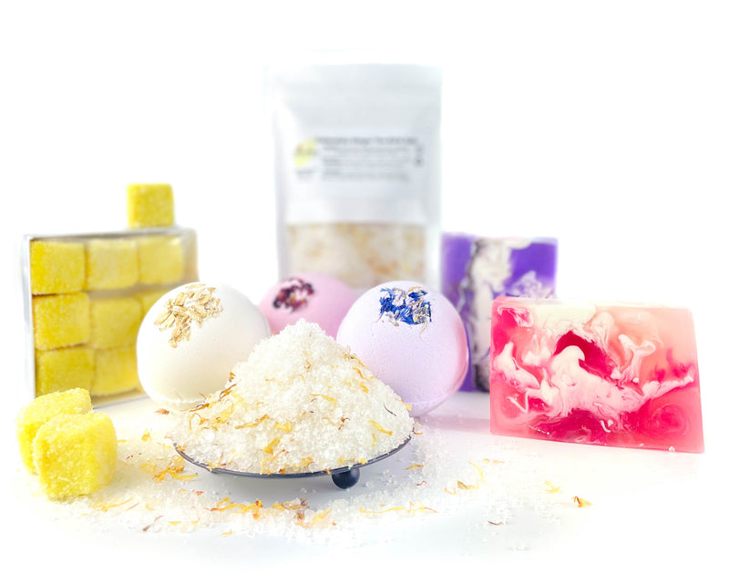Skincare Set with Soap, Bath Bombs, Bath Salt, and Sugar Scrubs
